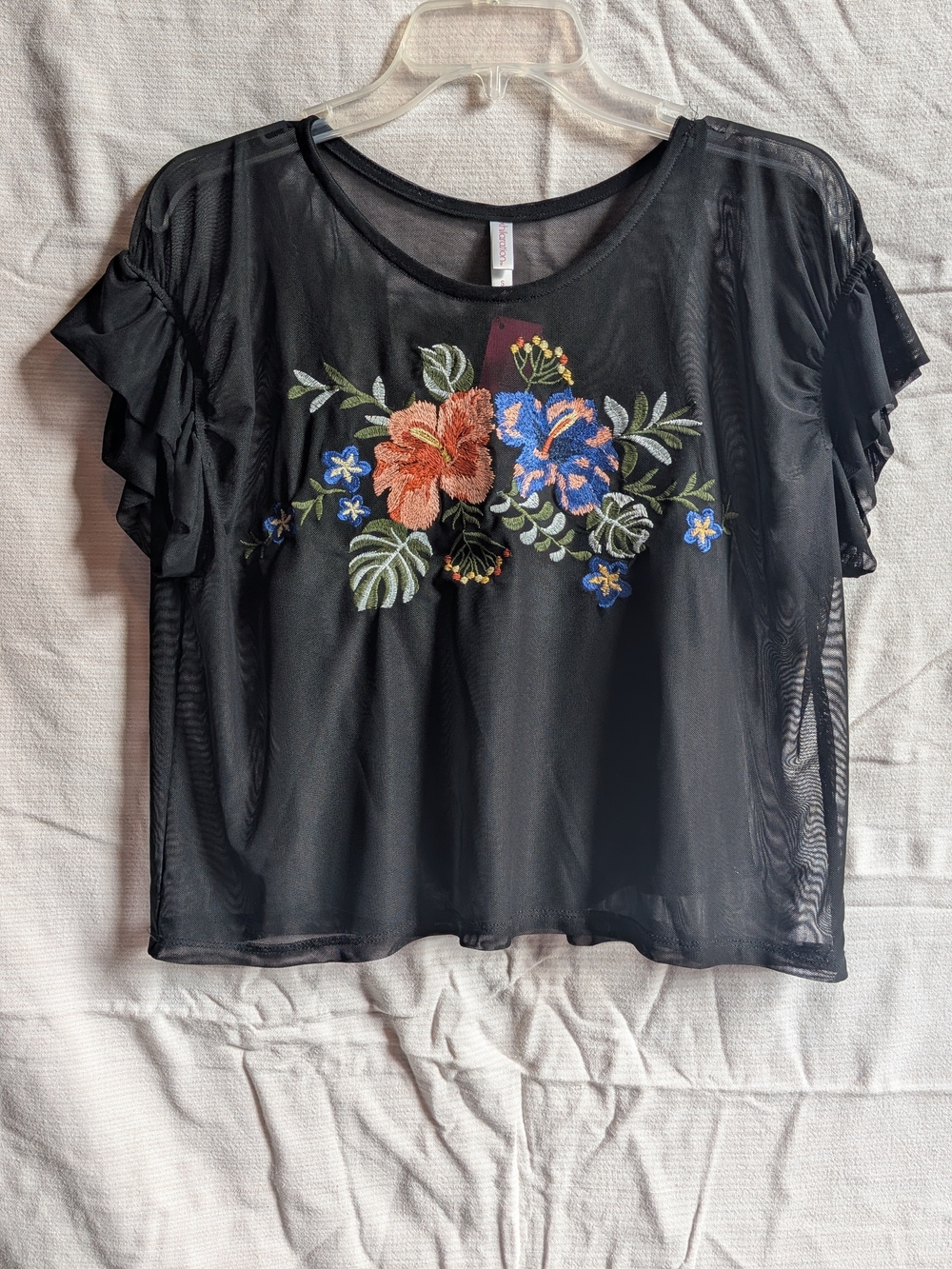 Xhilaration Black Sheer Floral Embroidered Mesh Top With Tank Lining